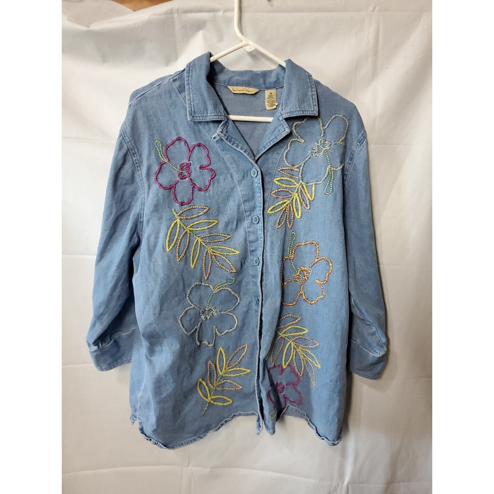 Béchamel Womens XL Blue Denim Embroidered Leaves & Flowers Button Up